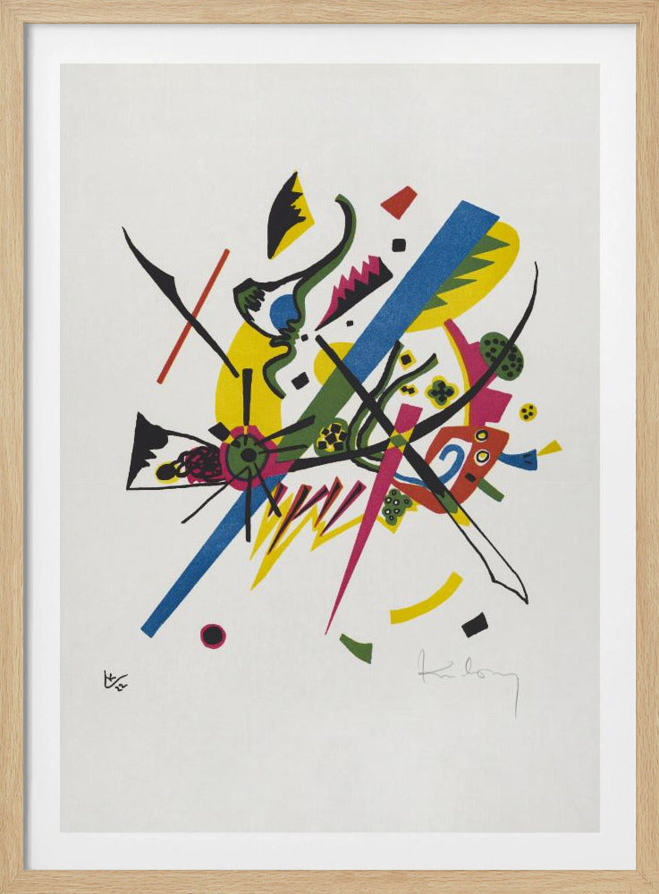 An abstract lithograph by Wassily Kandinsky featuring a dynamic composition of colorful geometric and biomorphic shapes on a white background. Bold lines in blue, magenta, and black intersect with areas of bright yellow, green, and red, creating a sense of vibrant energy. Poster