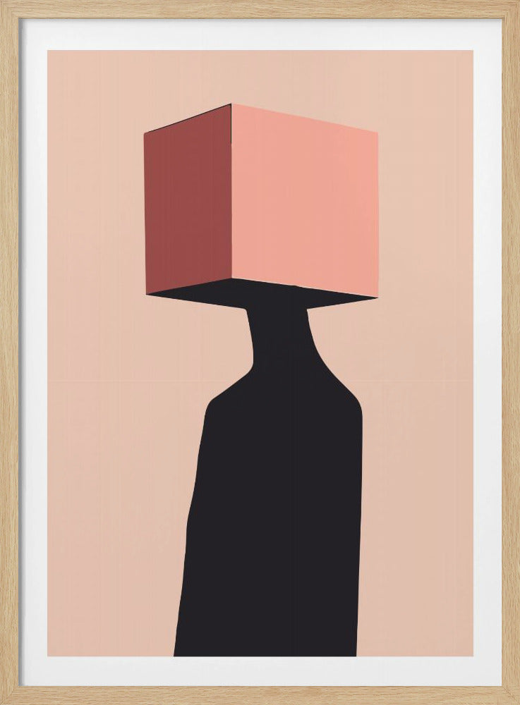 A minimalist abstract illustration of a figure with a pink cube for a head against a pale pink background. The figure is a solid black silhouette, and the cube has one side shaded in a darker, dusty rose, creating a sense of three-dimensionality. Poster