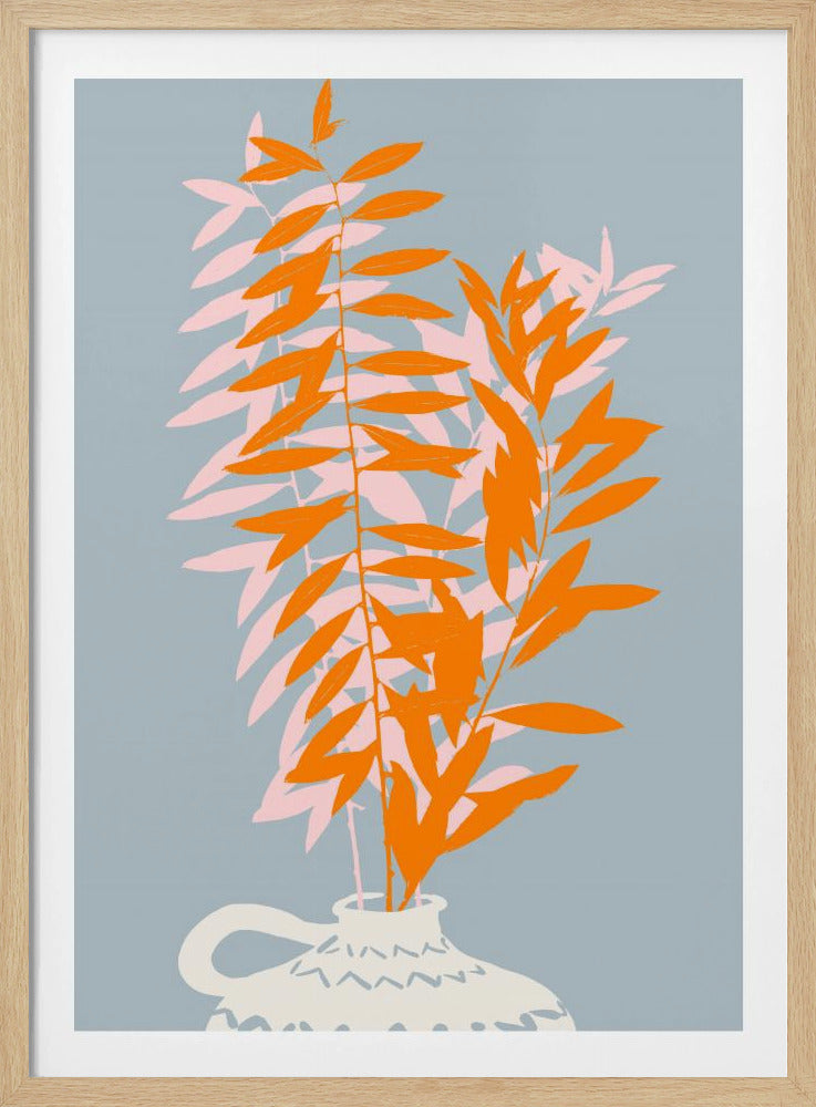 A modern graphic illustration of vibrant orange foliage in a white vase against a dusty blue background. A light pink silhouette of the leaves creates a layered effect. The artwork is enclosed in a simple black frame. Decor