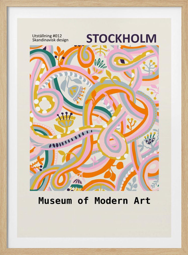 A Scandinavian design poster for the Stockholm Museum of Modern Art. The artwork features a vibrant and complex abstract pattern with intertwining ribbons and stylized floral elements in shades of pink, orange, yellow, teal, and light blue on a cream background. The poster is framed in black. Artwork