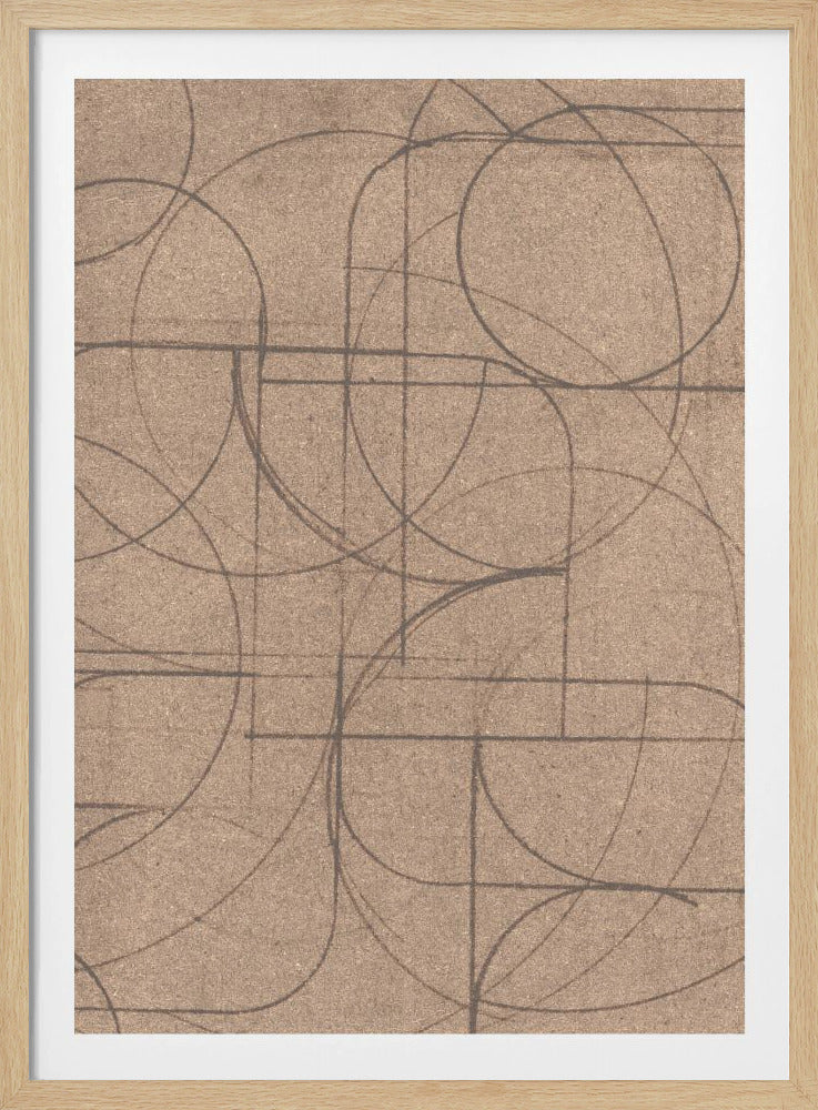 An abstract artwork in a black frame featuring a complex pattern of hand-drawn circles and intersecting straight lines in dark grey on a textured, light brown background. Print