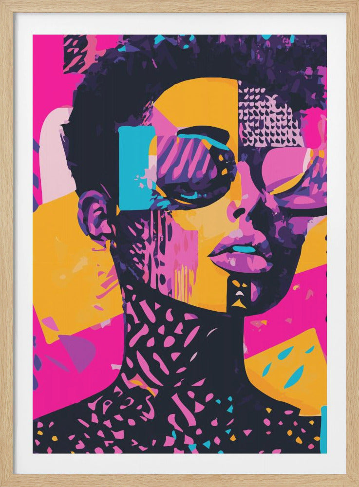 An abstract pop art portrait of a person with short, dark hair, viewed from the front. The image is a collage of bold shapes and patterns in vibrant colors including magenta, yellow, purple, and cyan, creating a fragmented and dynamic representation of the face and neck. Wall Art