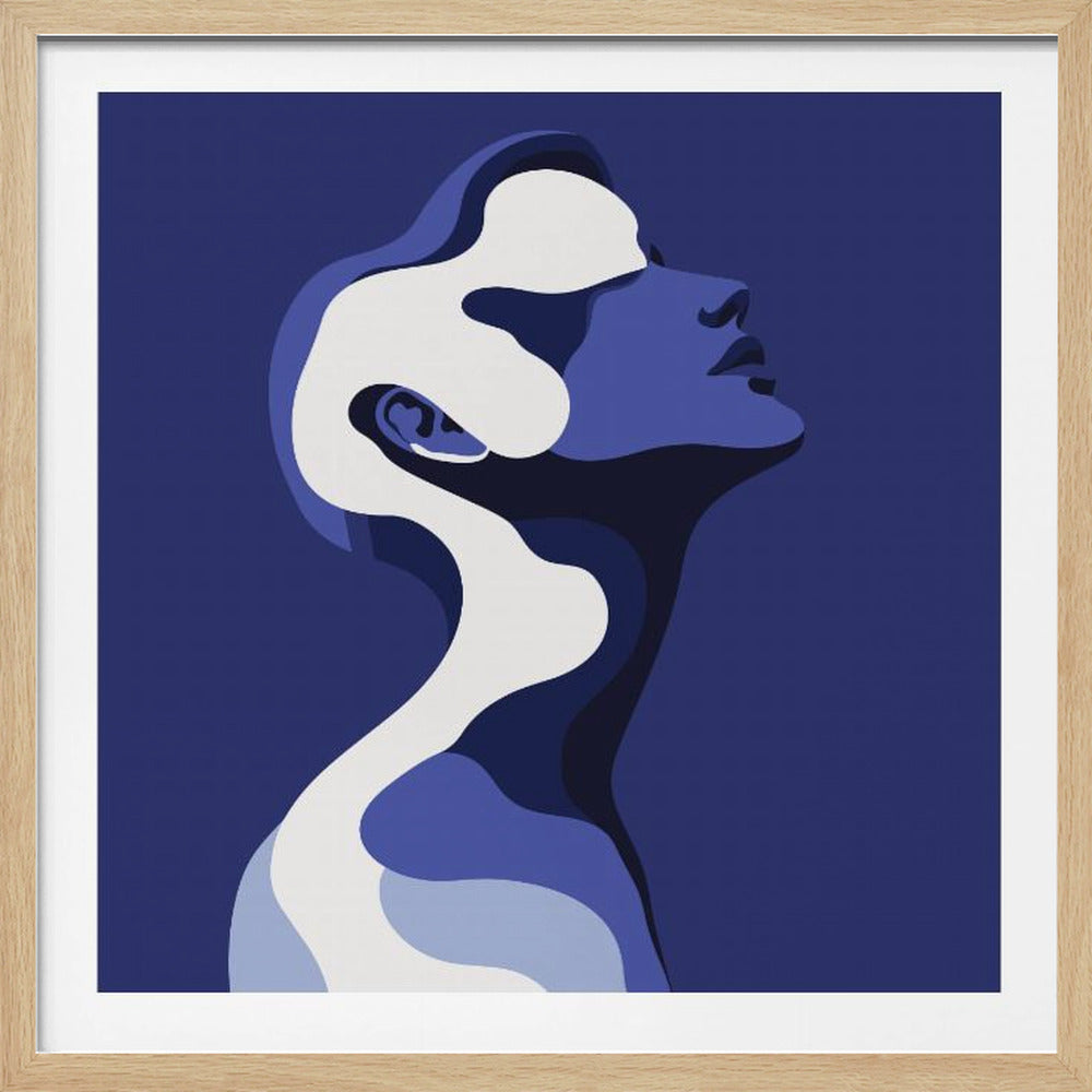 A framed piece of modern art depicting a stylized profile of a person's head and neck. The figure, looking upwards, is composed of flowing, layered shapes in shades of blue and white against a solid dark blue background. Poster
