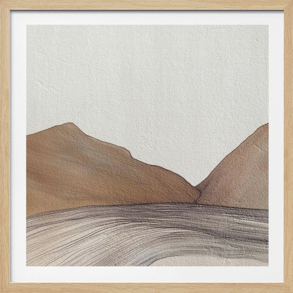 A minimalist framed artwork depicting a serene landscape. Two brown, stylized mountains rise against a textured off-white sky. In the foreground, numerous thin, wavy lines in brown and black create a sense of flowing water or terrain. Wall Art