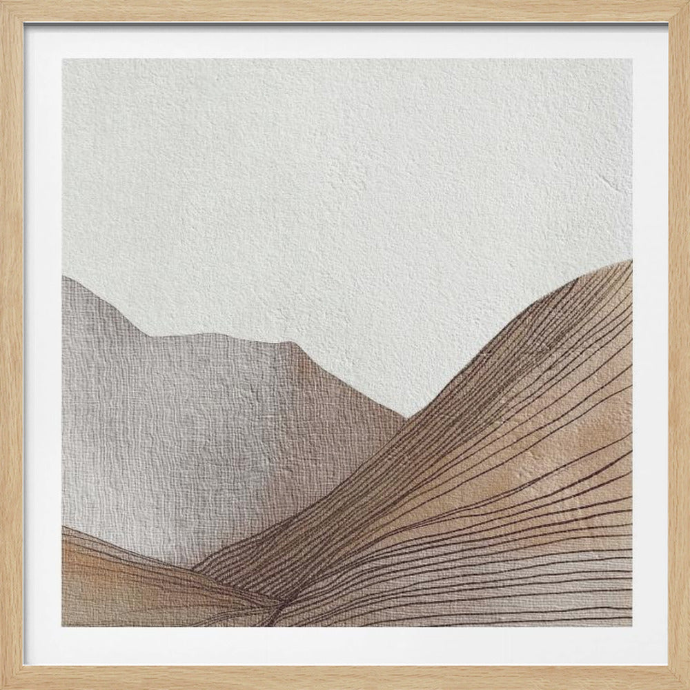 A minimalist abstract artwork in a light wood frame, depicting rolling hills against a textured white background. The foreground hills are beige with dark brown contour lines, while the mountains behind are a solid grayish-taupe. Decor
