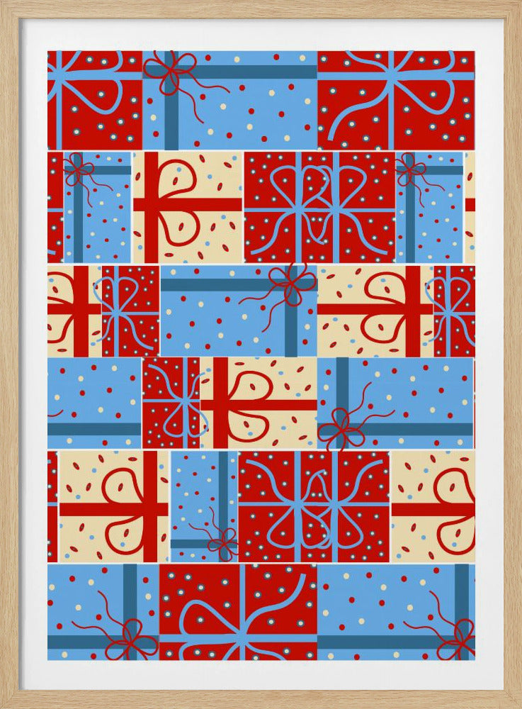 A graphic art piece featuring a pattern of colorful, wrapped gift boxes arranged in a grid. The presents have different wrapping paper designs, including red with light blue polka dots, light blue with red dots, and cream with multi-colored dots, all tied with stylized red or blue ribbons and bows. Artwork