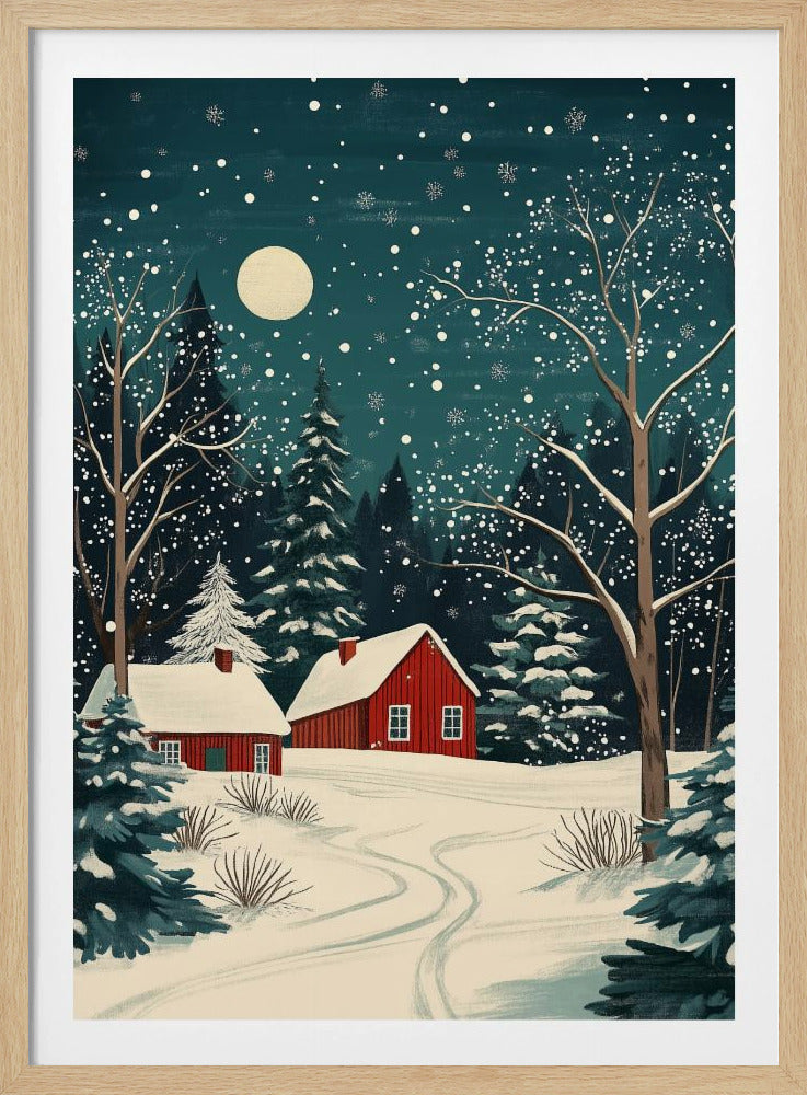 A stylized art print of a serene winter night scene, featuring two red cabins with snow-covered roofs nestled in a dark evergreen forest. A large, pale moon hangs in the dark teal sky as snowflakes fall, blanketing the landscape and bare trees in white. Decor