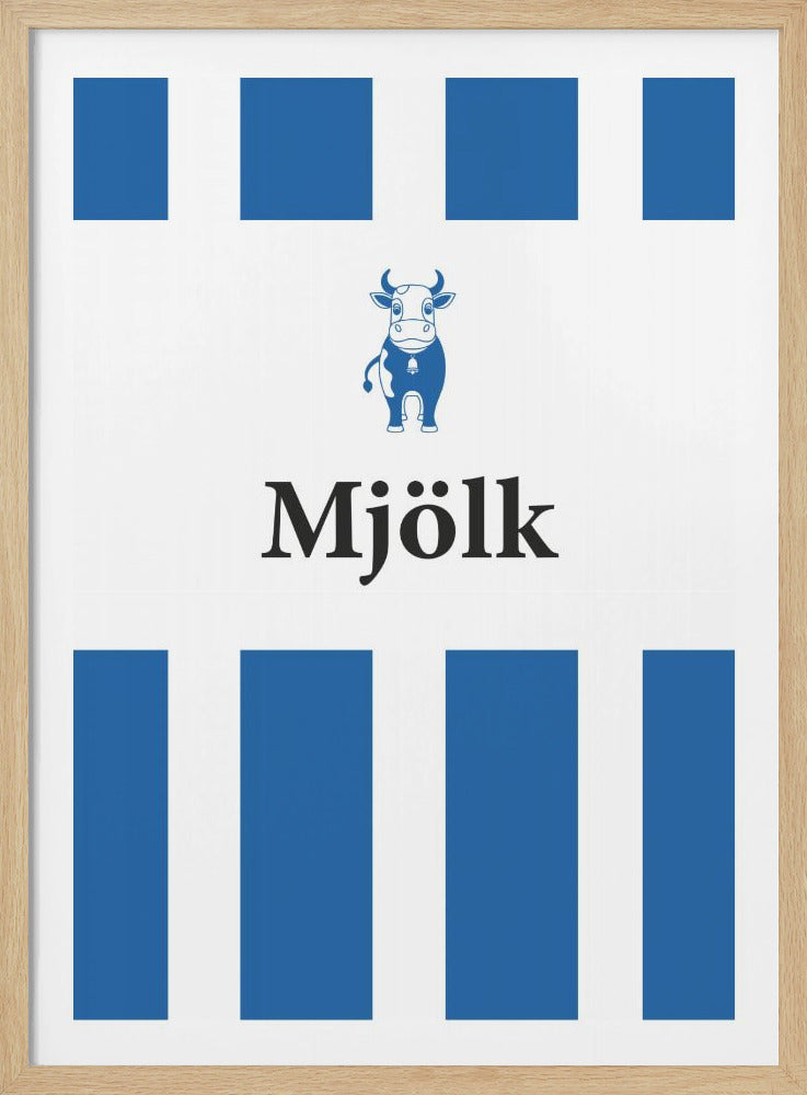 A minimalist art print featuring a blue illustrated cow with a bell above the word 'Mjölk' in a black serif font. The design is on a white background with blue and white vertical stripes at the top and bottom, all within a black frame. Artwork