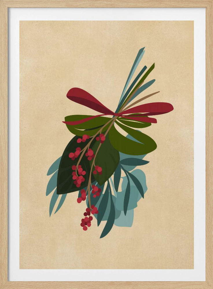 A framed illustration of a festive botanical sprig against a textured beige background. The sprig features green and teal leaves, dangling clusters of red berries, and is tied together with a red ribbon. Decor