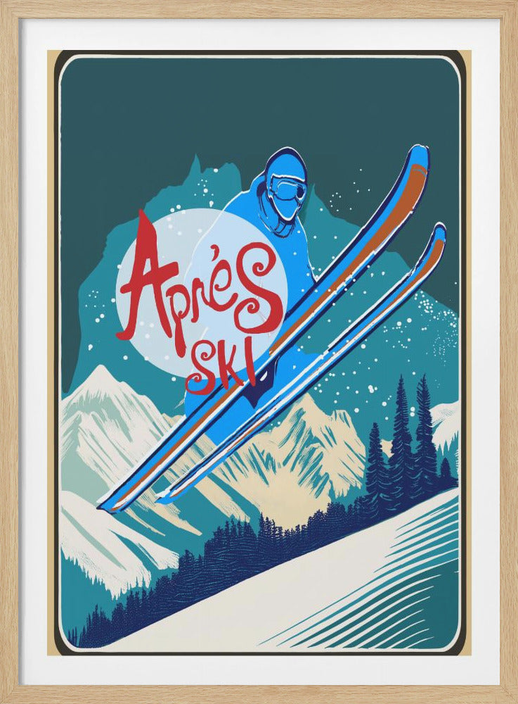 A vintage-style art print of a skier in blue gear against a snowy mountain backdrop. The words 'Après Ski' are written in bold red script over a white circle, with snow falling around them. Poster