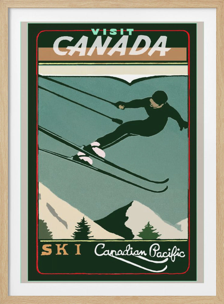 A vintage travel poster encouraging people to 'VISIT CANADA'. The poster features a graphic illustration of a person in a black ski suit skiing down a mountain. In the background are snow-capped peaks and evergreen trees. At the bottom, text reads 'SKI Canadian Pacific'. The overall color scheme is muted greens, creams, and browns with a dark green border. Wall Art