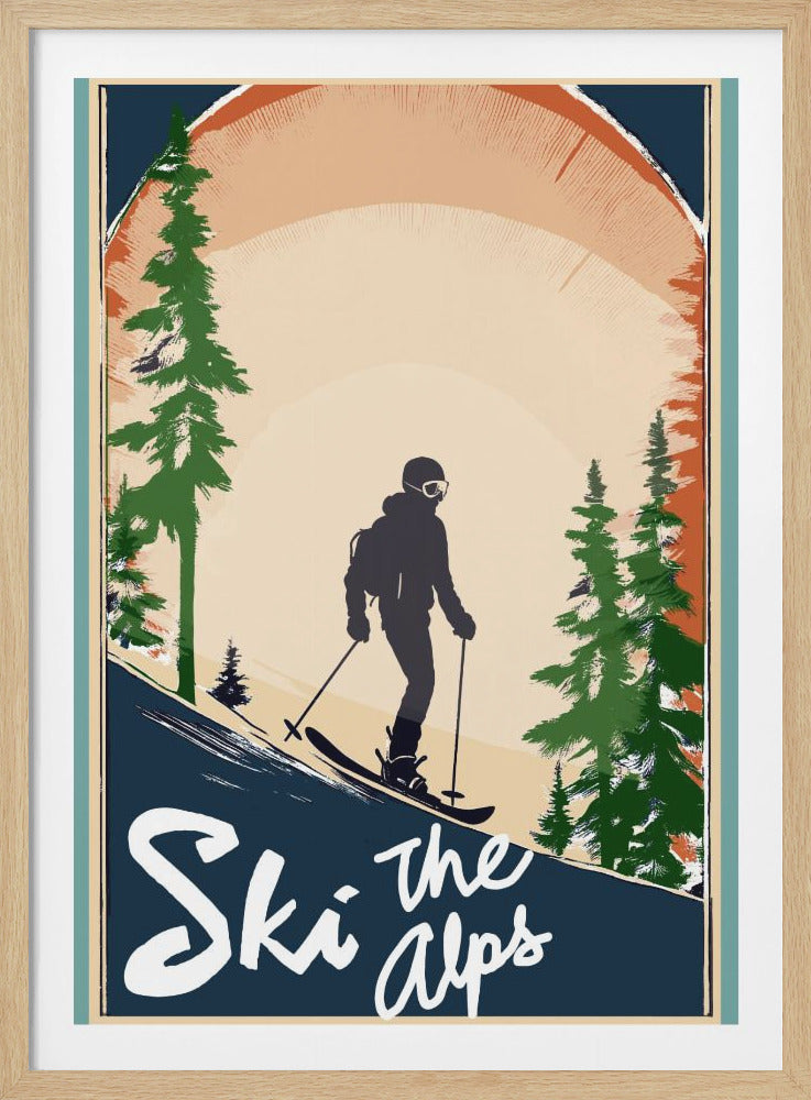 A vintage-style travel poster advertising 'Ski the alps'. It features a silhouette of a person skiing down a dark blue slope, surrounded by green pine trees. The background has a large, stylized sun in shades of beige and orange. The text 'Ski the alps' is written in a white script font at the bottom. Print