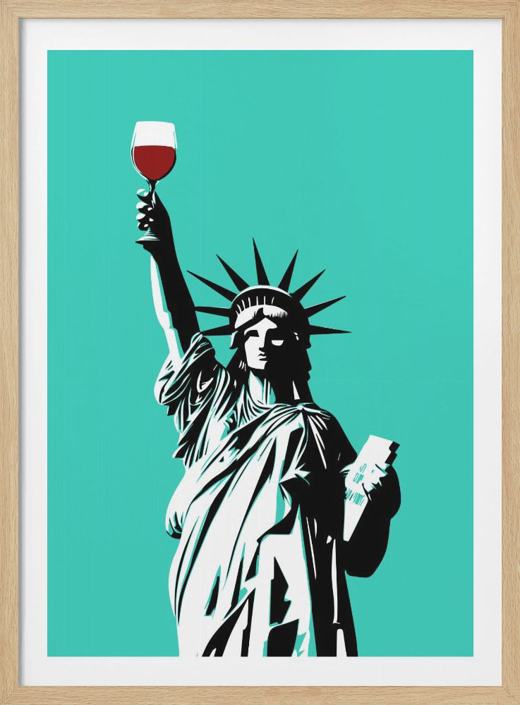 A pop art style illustration of the Statue of Liberty against a solid teal background. Instead of her iconic torch, she is raising a glass of red wine in a celebratory gesture. Artwork