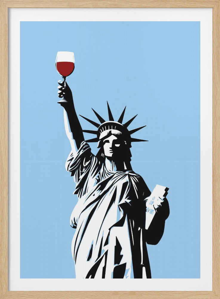 A pop art style poster of the Statue of Liberty holding a glass of red wine instead of her torch, rendered in high-contrast black and white against a solid light blue background, all within a black frame. Artwork
