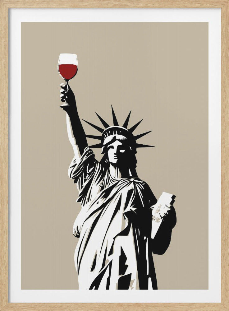 A graphic illustration of the Statue of Liberty against a beige background. Instead of her torch, she is holding up a glass of red wine. The image is rendered in a high-contrast black and white style and is set within a black frame. Artwork