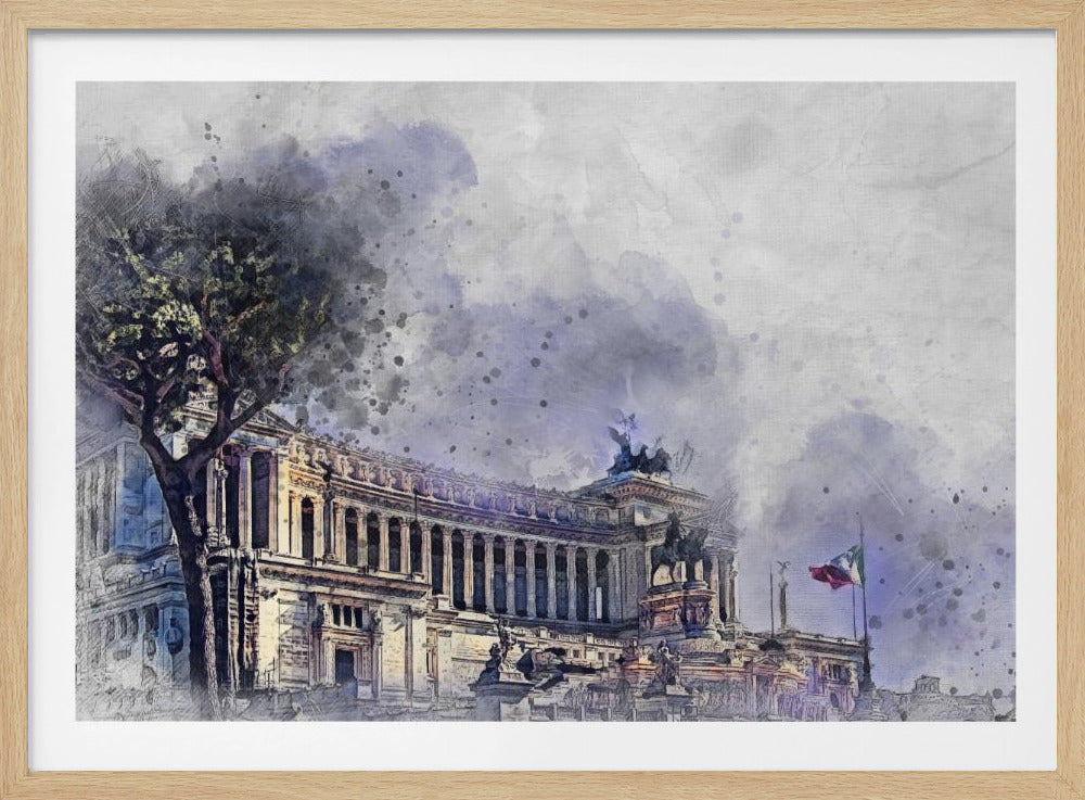A watercolor-style painting of the Altar of the Fatherland in Rome, Italy, depicted with dramatic purple and gray skies. The grand classical building features numerous columns and statues, with a large tree on the left and an Italian flag on the right. The artwork has a painterly, splattered effect and is shown in a silver frame. Wall Art