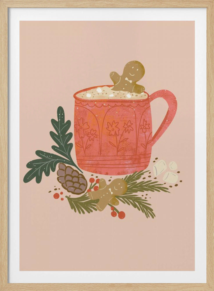 A charming holiday illustration of a red mug filled with hot chocolate and marshmallows, with a gingerbread man cookie peeking out. The mug sits on a bed of pine branches, a pinecone, and red berries, with another gingerbread man lying nearby, all against a solid light pink background. Wall Art