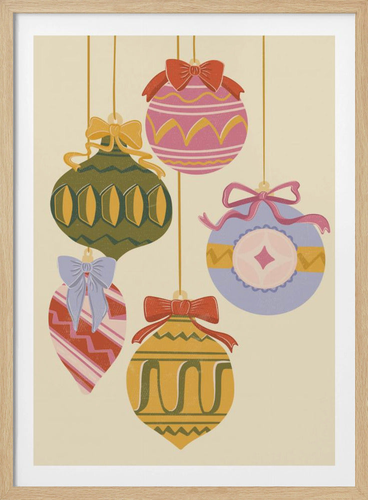 A vintage-style illustration of five colorful Christmas ornaments hanging against a cream background. Each uniquely shaped and patterned ornament is topped with a decorative bow, featuring a muted color palette of pink, green, yellow, red, and blue. Wall Art