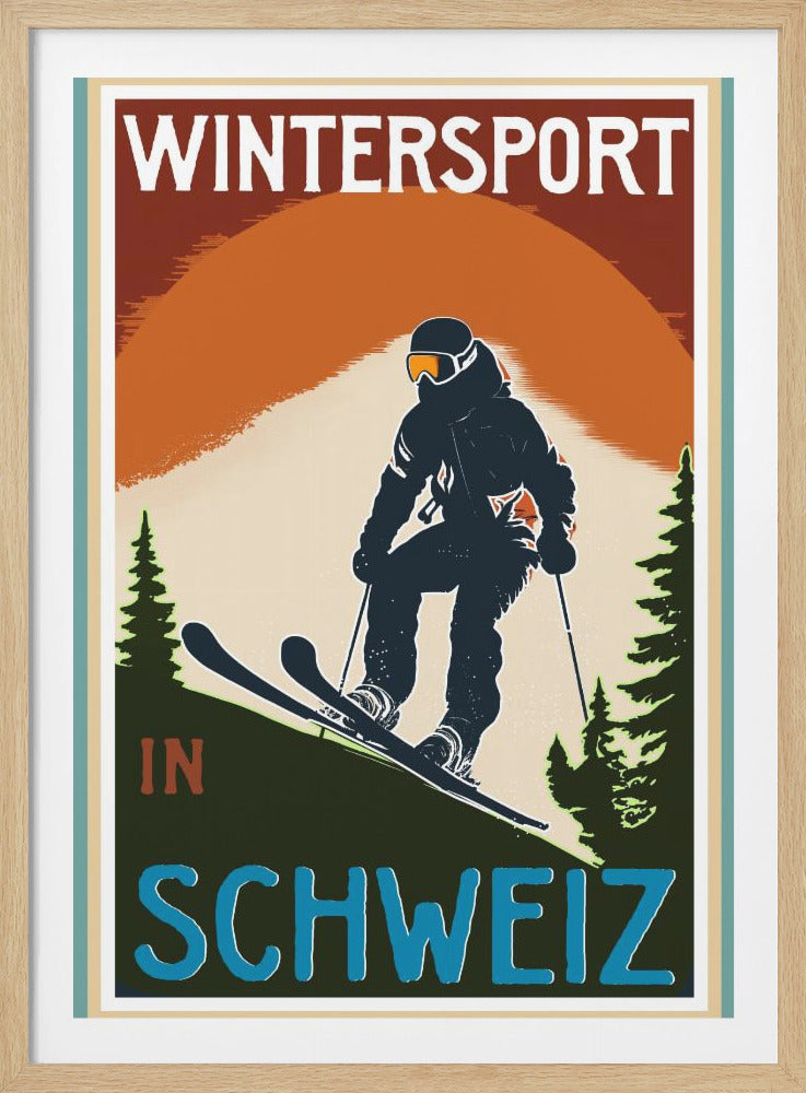 A vintage-style travel poster advertising winter sports in Switzerland. The poster features a graphic illustration of a skier in dark gear descending a snowy slope, with an orange sun and pine trees in the background. The text reads 'WINTERSPORT' at the top and 'IN SCHWEIZ' at the bottom. Decor