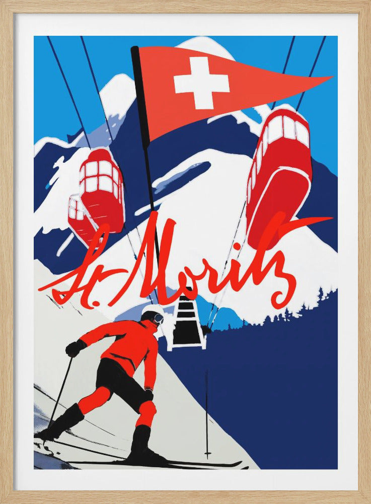 A vintage-style travel poster for St. Moritz, featuring a skier in a red suit on a snowy mountain. In the background, red ski lift gondolas ascend towards the peaks under a Swiss flag, with 'St. Moritz' written in large red script. Decor