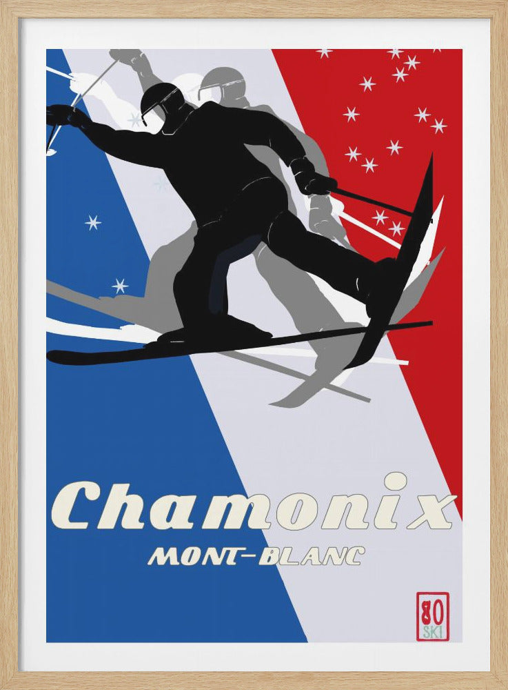 A vintage-style travel poster for Chamonix Mont-Blanc. It shows a black silhouette of a skier in motion against a graphic background of blue, white, and red, representing the French flag. The text 'Chamonix MONT-BLANC' is at the bottom. Print