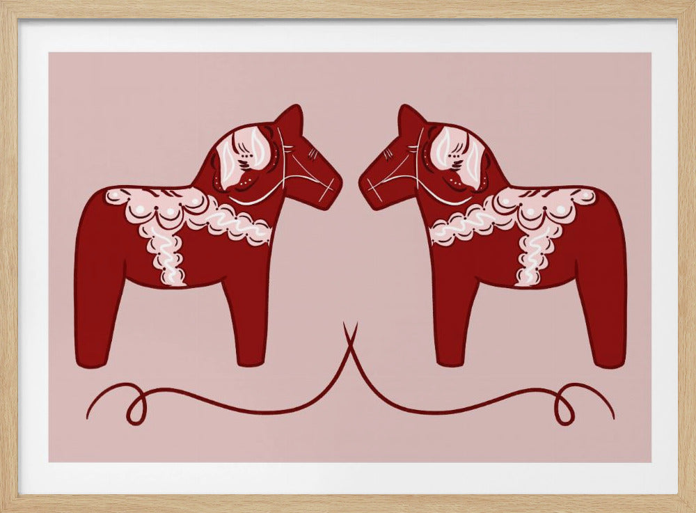 A symmetrical illustration of two red Swedish Dala horses facing each other against a light pink background. The horses are decorated with intricate white and pink folk art patterns. The artwork is presented within a silver frame. Artwork