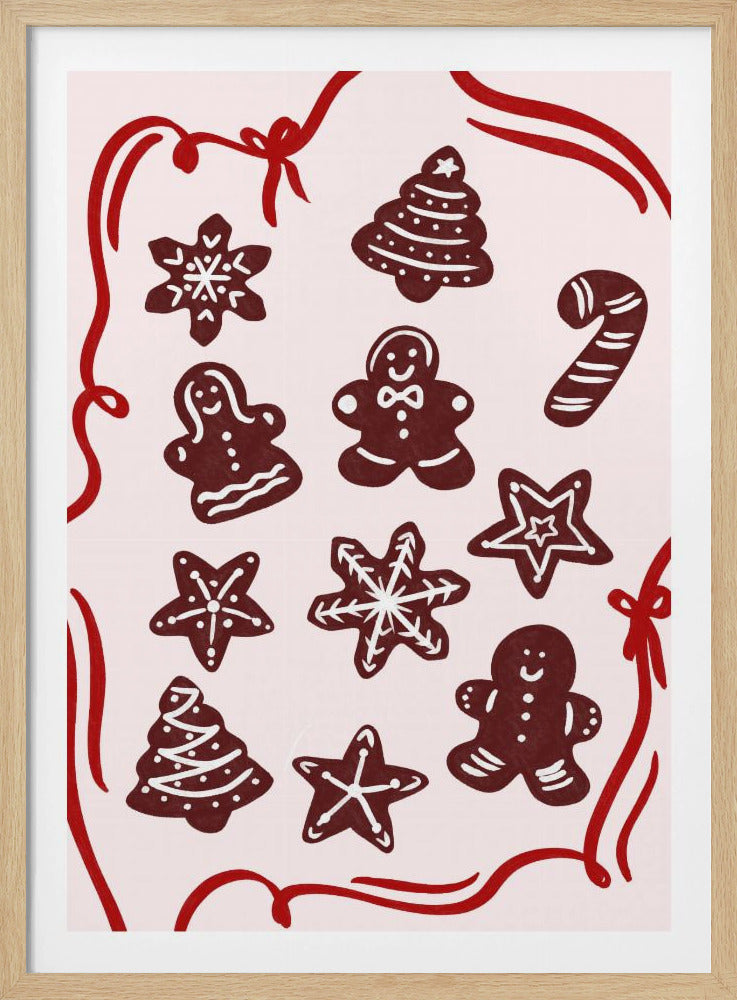 An illustration of various gingerbread Christmas cookies, including gingerbread men, trees, stars, and a candy cane, decorated with white icing. The cookies are on a light pink background and framed by a red ribbon border. Wall Art