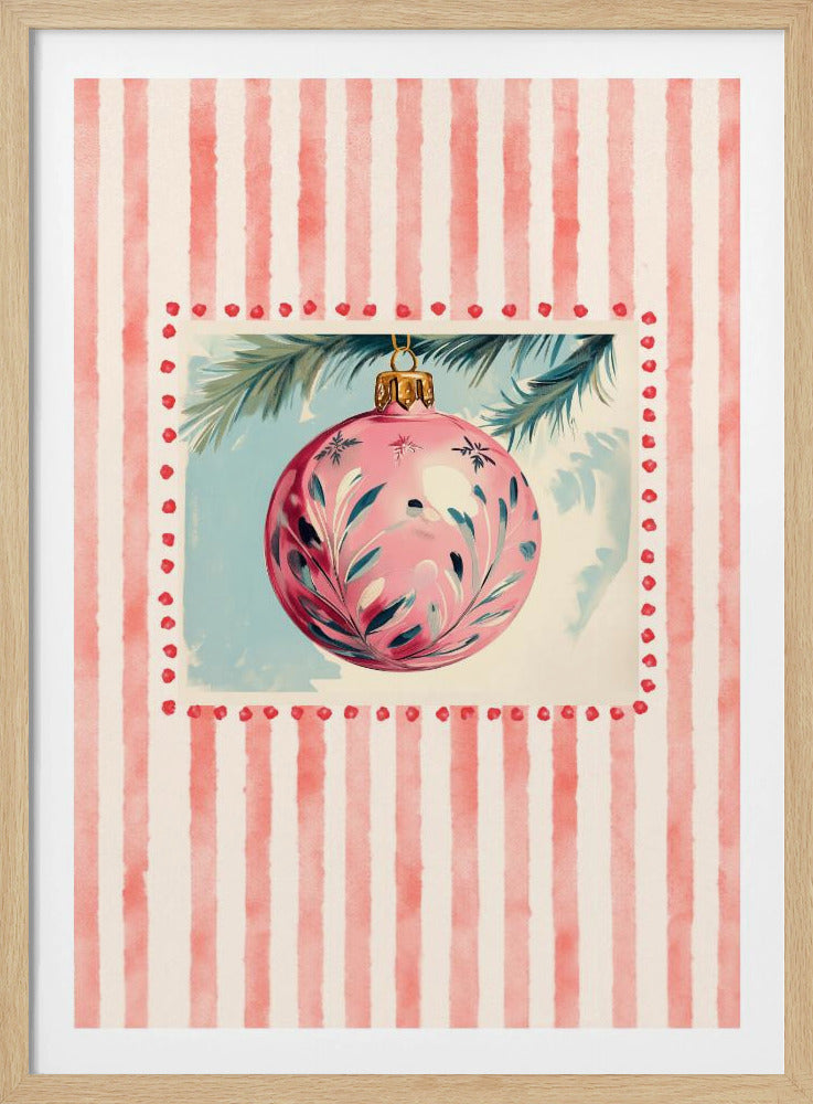 A vintage-style illustration of a pink Christmas ornament with delicate blue and white leaf patterns, hanging from a green pine branch. The central image is bordered by red dots and set against a background of vertical red and cream watercolor stripes. Decor