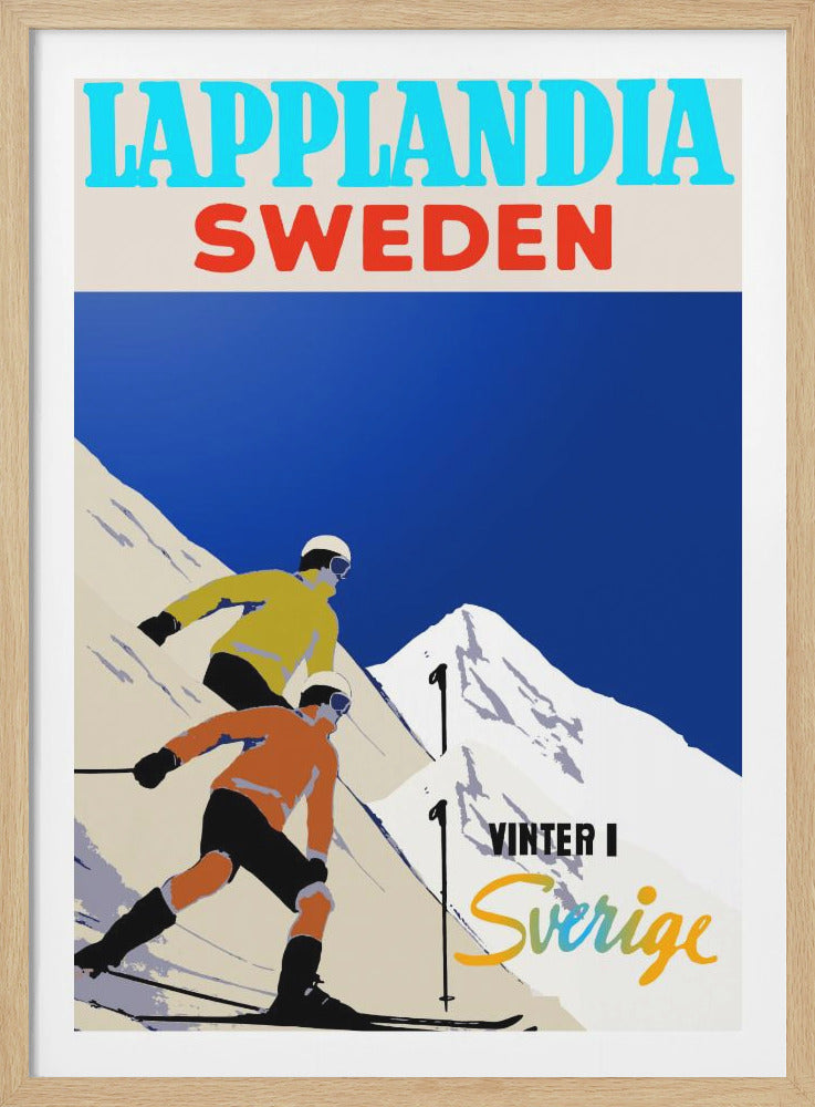 A vintage-style travel poster for Lappland, Sweden. The poster features two skiers in yellow and orange jackets skiing down a snowy mountain under a vibrant blue sky. Text at the top reads 'LAPPLANDIA SWEDEN' and at the bottom right 'VINTER I Sverige'. Artwork