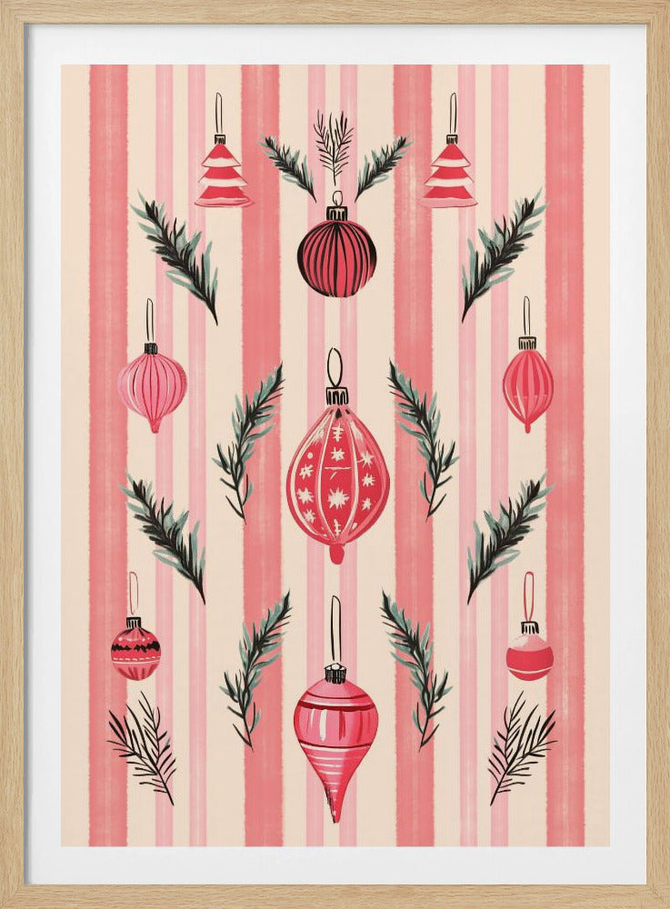 A framed art print with a festive pattern of various red and pink Christmas ornaments and pine sprigs. The background features vertical stripes in shades of pink and off-white, creating a cheerful, retro holiday aesthetic. Poster