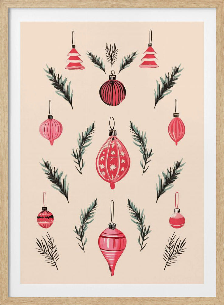 A framed art print featuring a symmetrical pattern of hand-painted red and pink Christmas ornaments and dark green pine sprigs against a cream-colored background. Poster