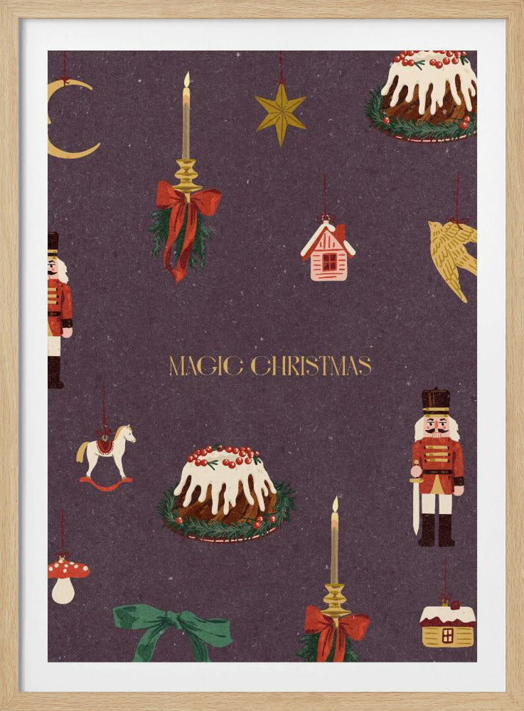 A vintage-style Christmas poster with a dark purple background featuring illustrations of festive items. Included are nutcracker soldiers, Christmas puddings, and hanging ornaments like a crescent moon, a star, a rocking horse, and candles. The words 'MAGIC CHRISTMAS' are written in the center in gold. Decor