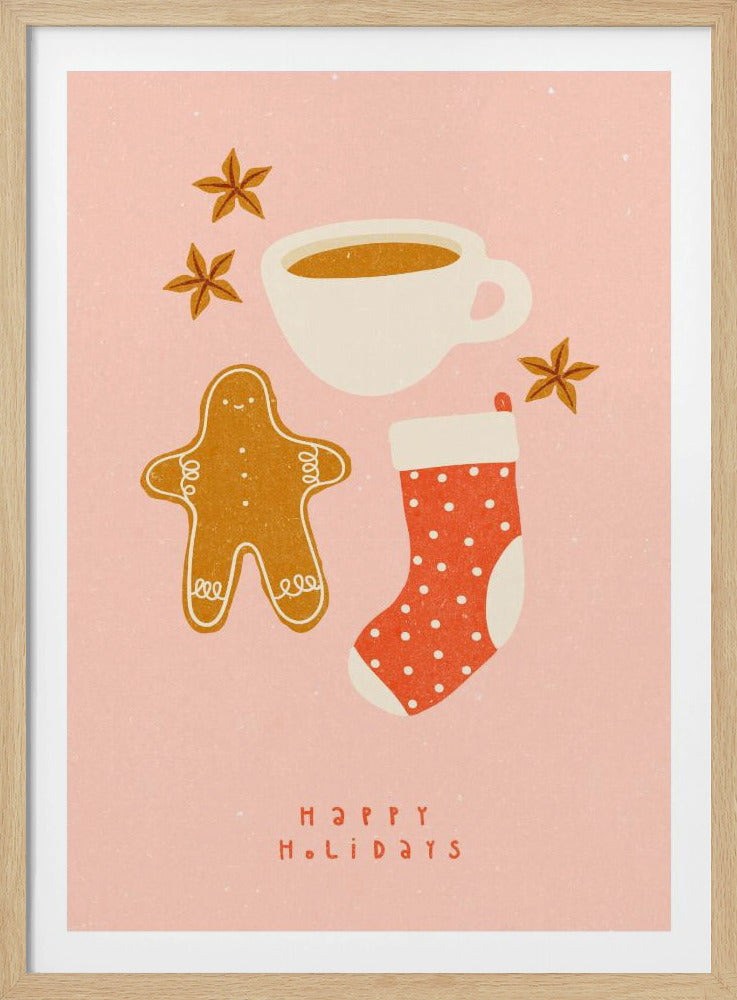 A festive illustration on a pink textured background featuring a gingerbread man, a cup of coffee, a red polka-dot Christmas stocking, and star anise spices. Below the items, the words 'HAPPY HOLIDAYS' are written in a simple red font. Print