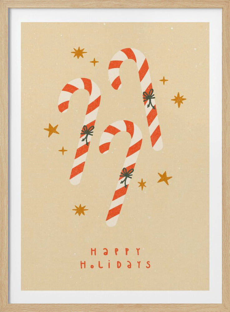 A vintage-style holiday illustration featuring three red and white striped candy canes with small bows, set against a speckled beige background with golden stars. Below the candy canes, the text 'HAPPY HOLIDAYS' is written in a simple red font. Poster