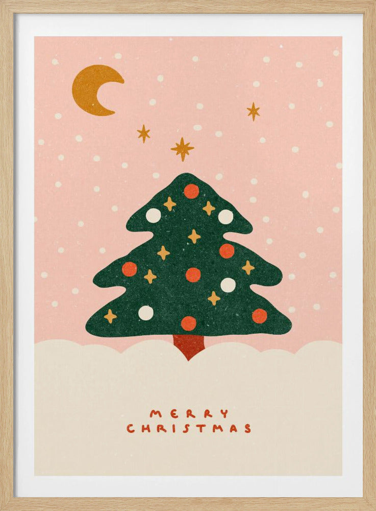 A whimsical holiday illustration featuring a decorated green Christmas tree standing in the snow against a light pink, snowy sky. A golden crescent moon and stars shine above. Below the tree, the words 'Merry Christmas' are written in a simple font. Artwork