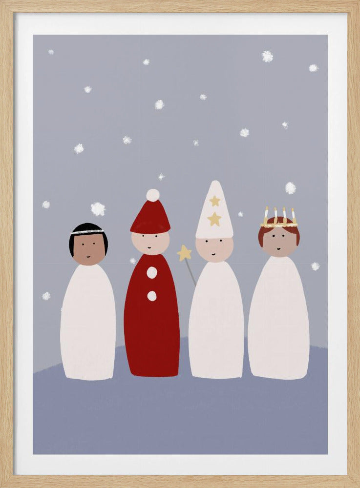 A whimsical illustration of four children dressed for a Saint Lucia procession, standing against a light blue background with falling snow. The figures are stylized with simple shapes, featuring a Lucia with a candle crown, a star boy with a pointed hat and star wand, and a gingerbread man or 'tomte' in red. Poster