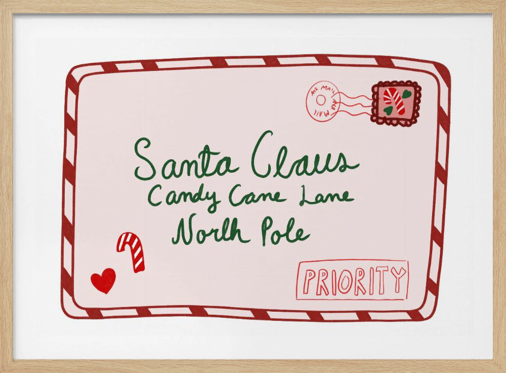 A whimsical illustration of a letter addressed to Santa Claus at Candy Cane Lane, North Pole. The envelope has a red and white striped border, a postage stamp featuring a candy cane, and is marked 'PRIORITY'. Decor