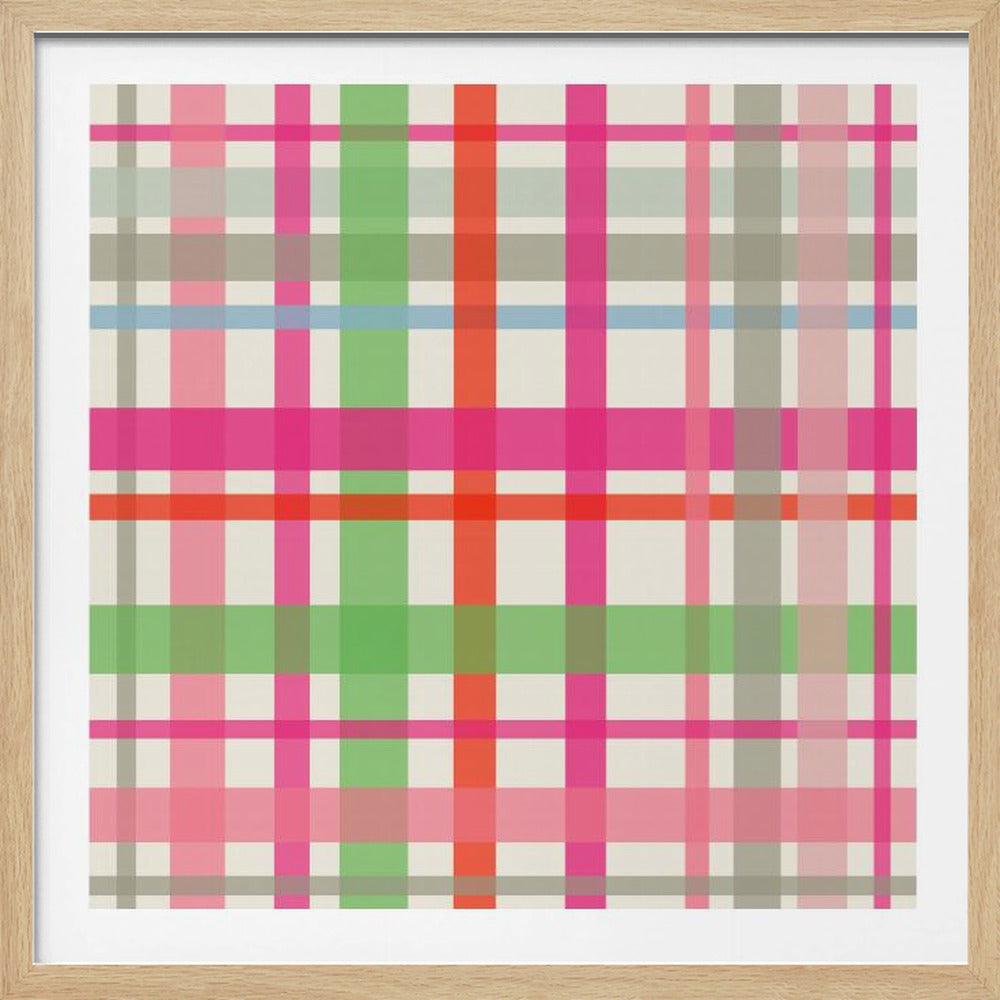 A framed abstract artwork featuring a colorful plaid pattern. The design consists of intersecting vertical and horizontal stripes in various shades of pink, green, red, and grey, with a single thin light blue horizontal stripe, all on an off-white background. The piece is enclosed in a simple, light wood frame. Wall Art