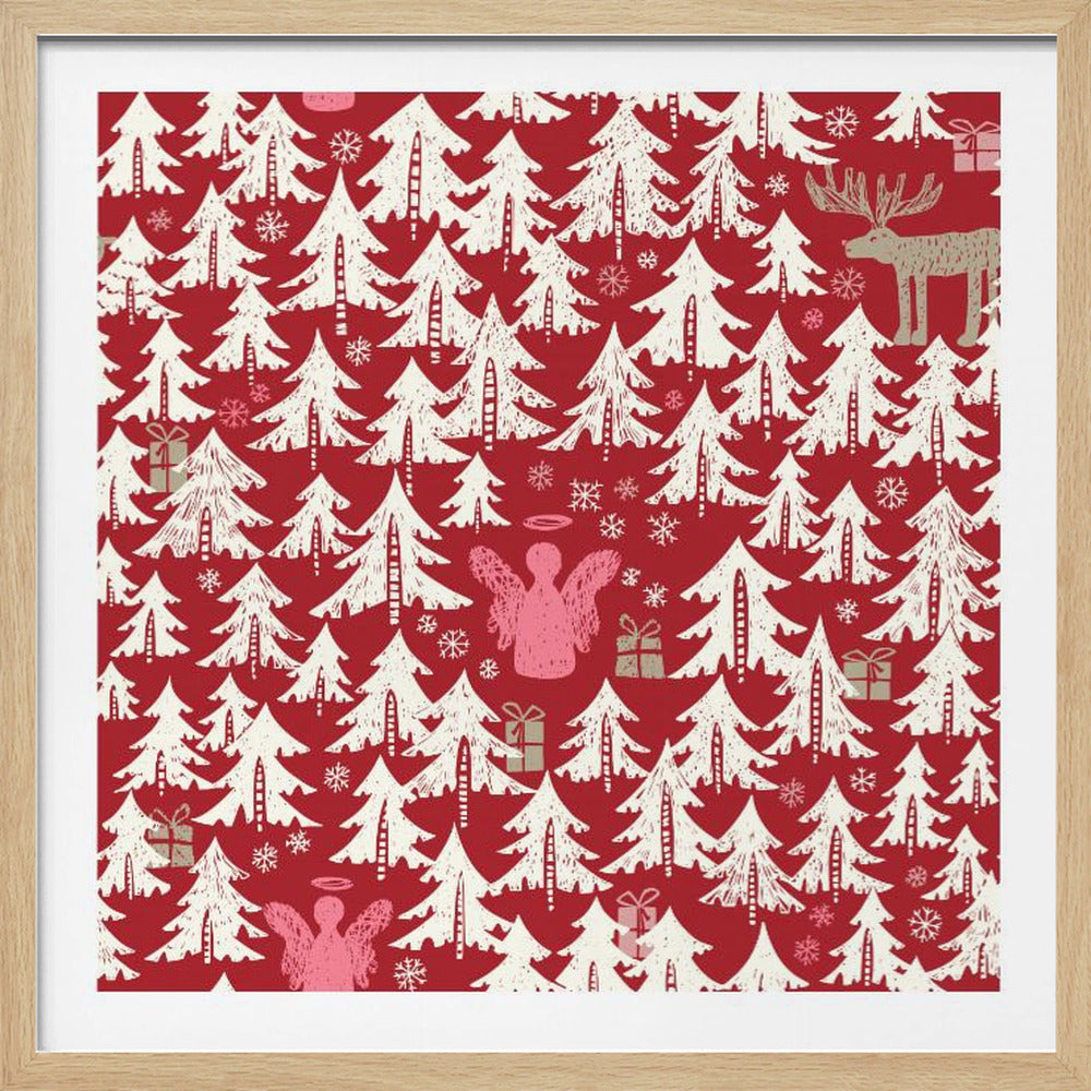 A framed piece of artwork with a festive Christmas pattern on a red background. The pattern features stylized white pine trees, pink angels, a beige reindeer, and small gift boxes scattered throughout, creating a dense and cheerful holiday scene. Wall Art