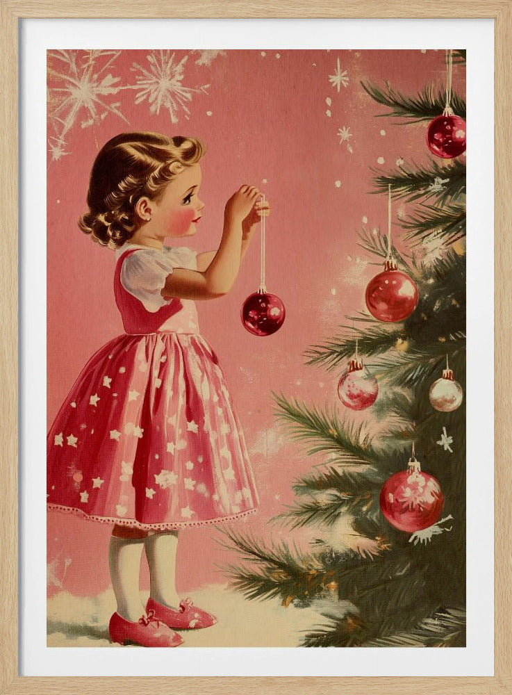 A vintage illustration of a young girl in a pink and white dress decorating a Christmas tree. She is carefully hanging a shiny red ornament on a branch against a soft pink background with snowflakes. Wall Art