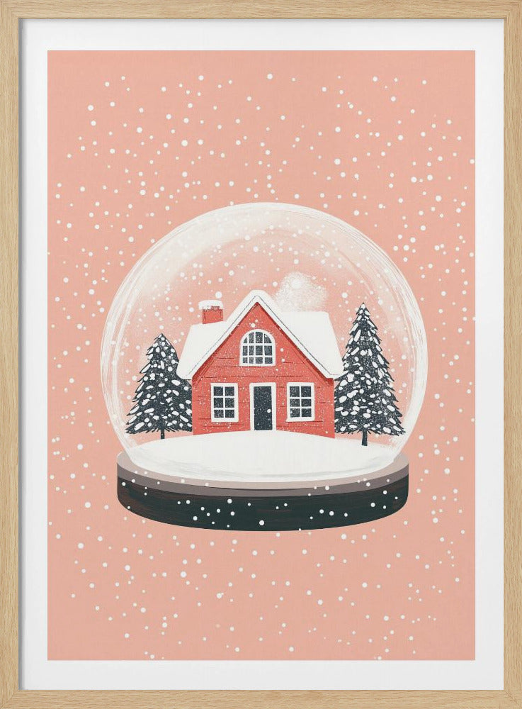 A charming illustration of a snow globe with a red house and two pine trees inside, all covered in snow. The snow globe is set against a soft pink background with white dots falling like snow, enclosed in a thin black frame. Poster