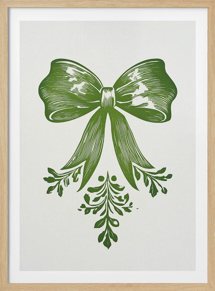 A vintage-style linocut print of a large green bow with leafy accents on a white background, enclosed in a thin black frame. The bow is detailed with lines suggesting texture and shadow, and foliage hangs from its ribbons. Artwork