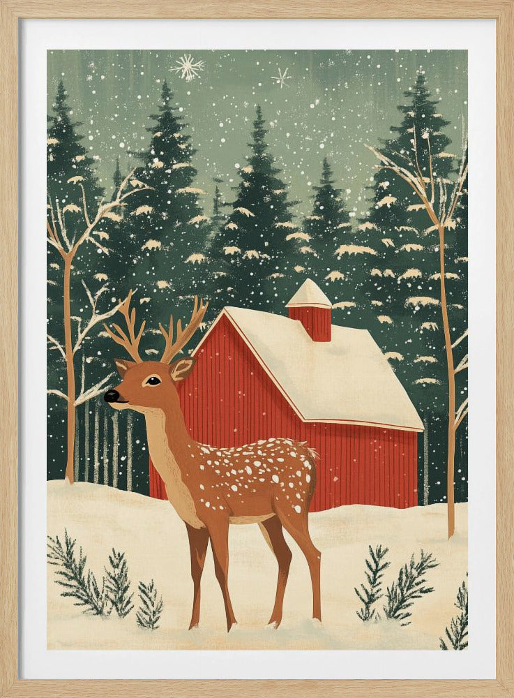 A stylized illustration of a serene winter scene featuring a spotted deer with antlers standing in the snow. In the background, a classic red barn with a snow-covered roof is nestled among a dense forest of dark green pine trees as snowflakes fall from a pale green sky. Poster