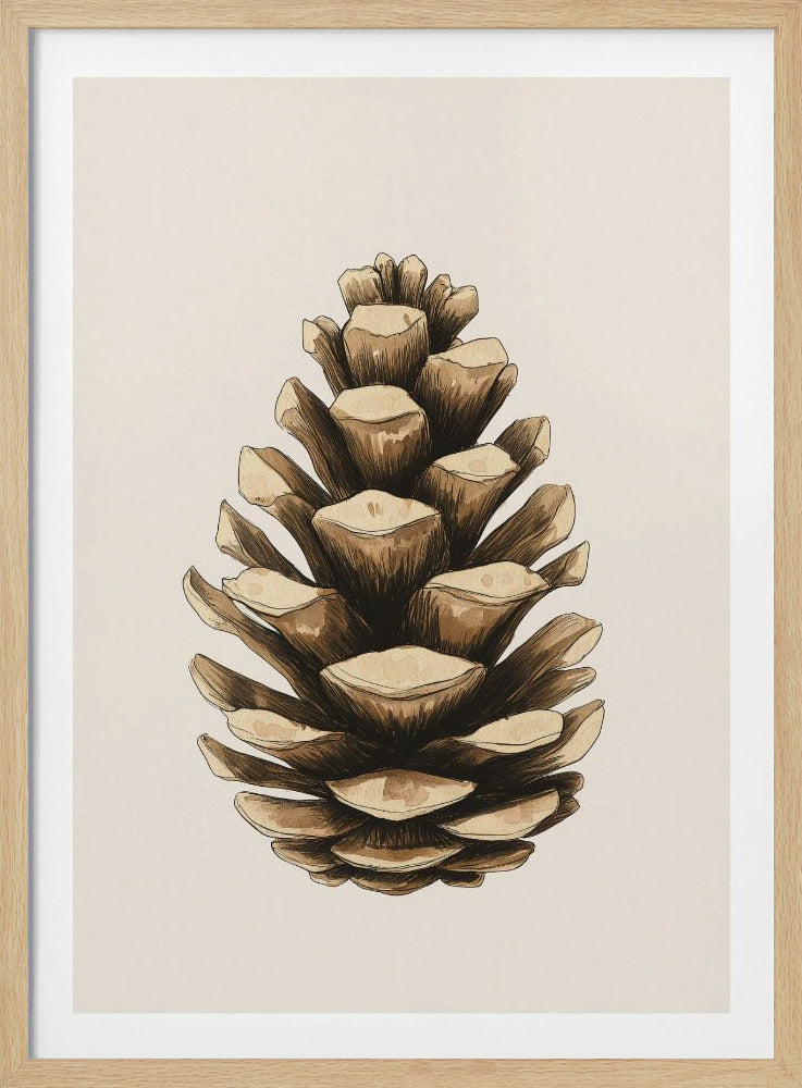 A detailed watercolor and ink illustration of a single brown pinecone, centered against a light cream background and displayed in a thin black frame. Artwork