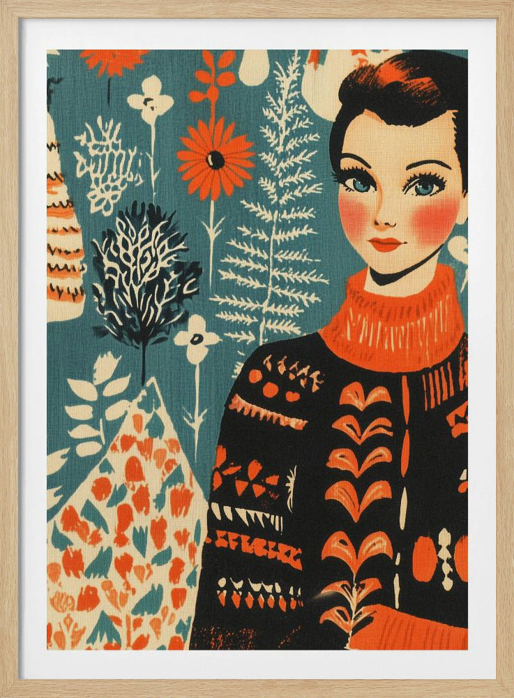 A vintage-style illustration of a woman with short dark hair and blue eyes wearing a black and orange patterned turtleneck sweater. The background is a teal color with a folk art pattern of flowers and plants in orange, white, and black. Poster