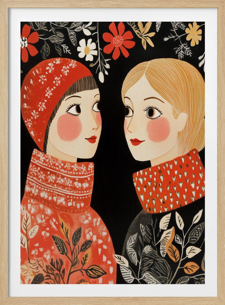 An illustrative folk art style portrait of two women facing each other against a black background. The woman on the left wears a red patterned cap and sweater, while the one on the right has blonde hair and a sweater with a red patterned collar. Red, white, and yellow flowers hang above them. Print