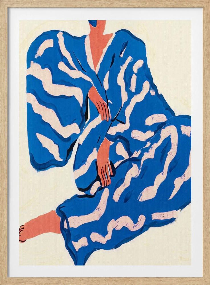 A minimalist, graphic illustration of a person sitting down, wearing a voluminous, oversized blue robe with large, wavy light pink patterns. The figure's skin is a terracotta orange, and they are posed with hands crossed over their lap against a plain off-white background. Decor
