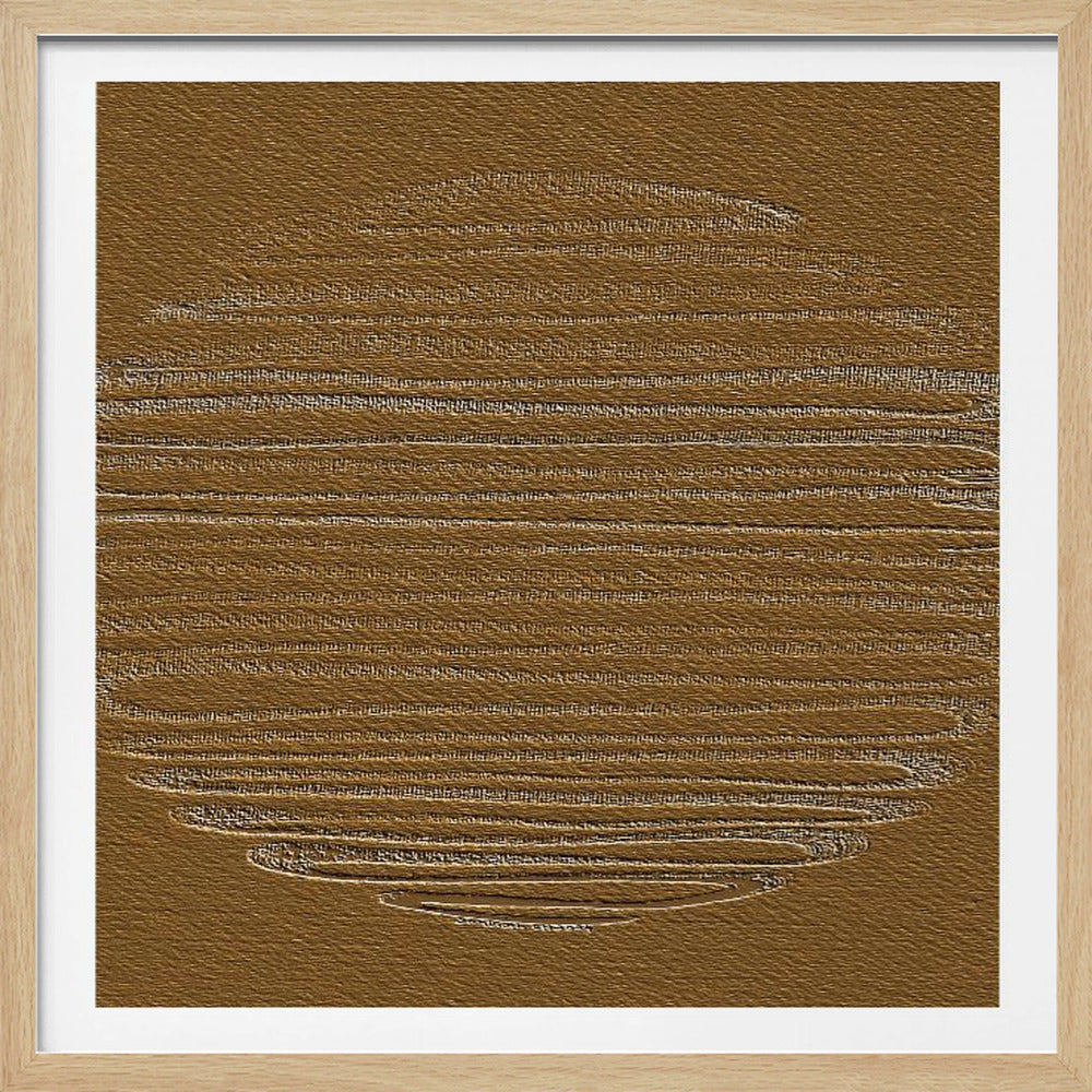 Abstract artwork in a light wood frame featuring a textured brown background. A circular design in the center is created from a single, continuous embossed line in a contrasting light beige, which winds back and forth horizontally. Print