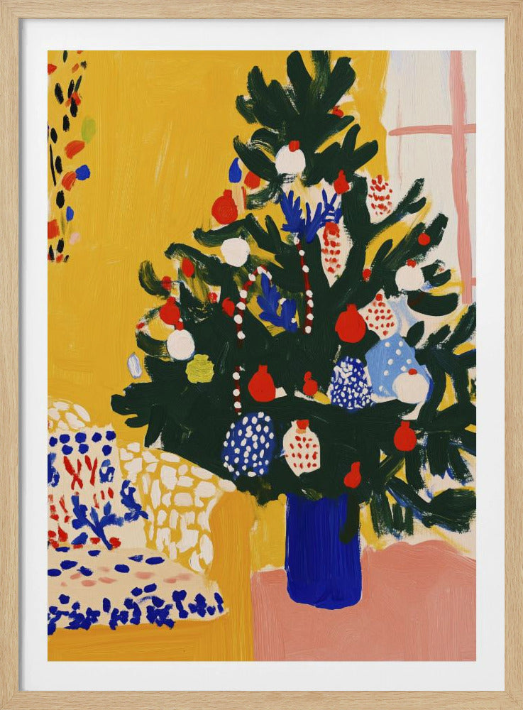 A vibrant, modern painting of a decorated Christmas tree in an expressive, painterly style. The dark green tree, adorned with red, white, and blue ornaments, stands in a cobalt blue vase against a bright yellow wall, with a patterned chair in the foreground. Artwork