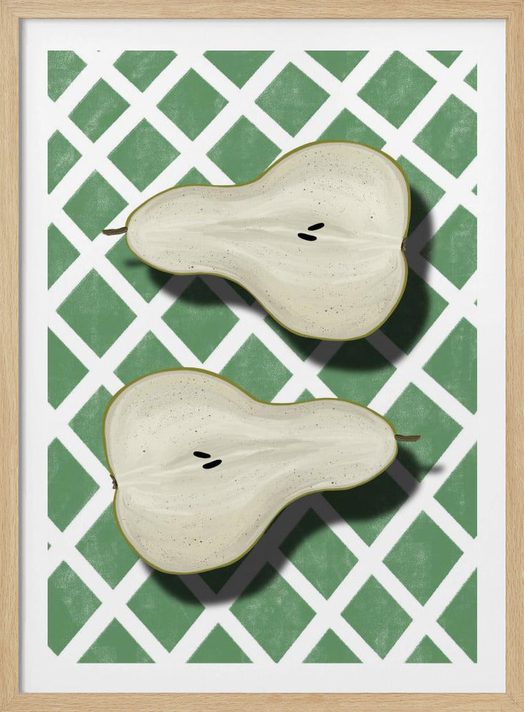 A modern art print of two pear halves, cut lengthwise, arranged one above the other. The off-white pears with black seeds are set against a bold green and white geometric trellis background, all within a simple black frame. Decor
